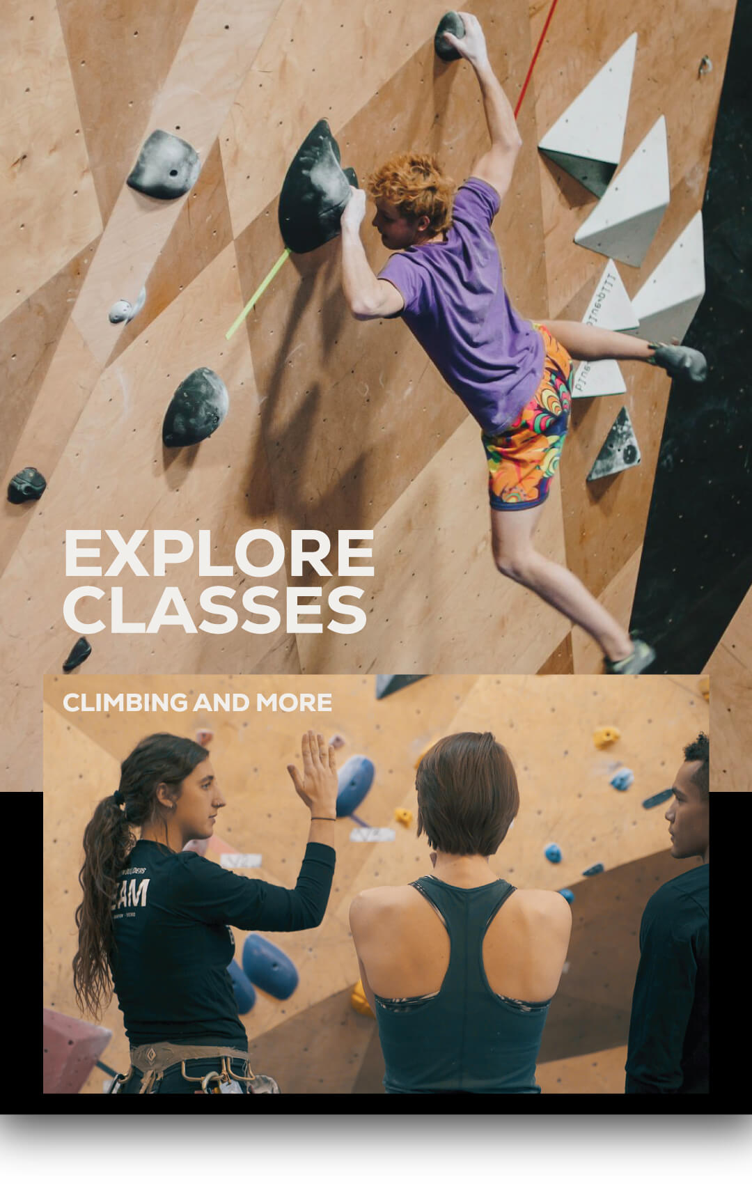 Explore classes - Man indoor rock climbing & instructor talking to two people
