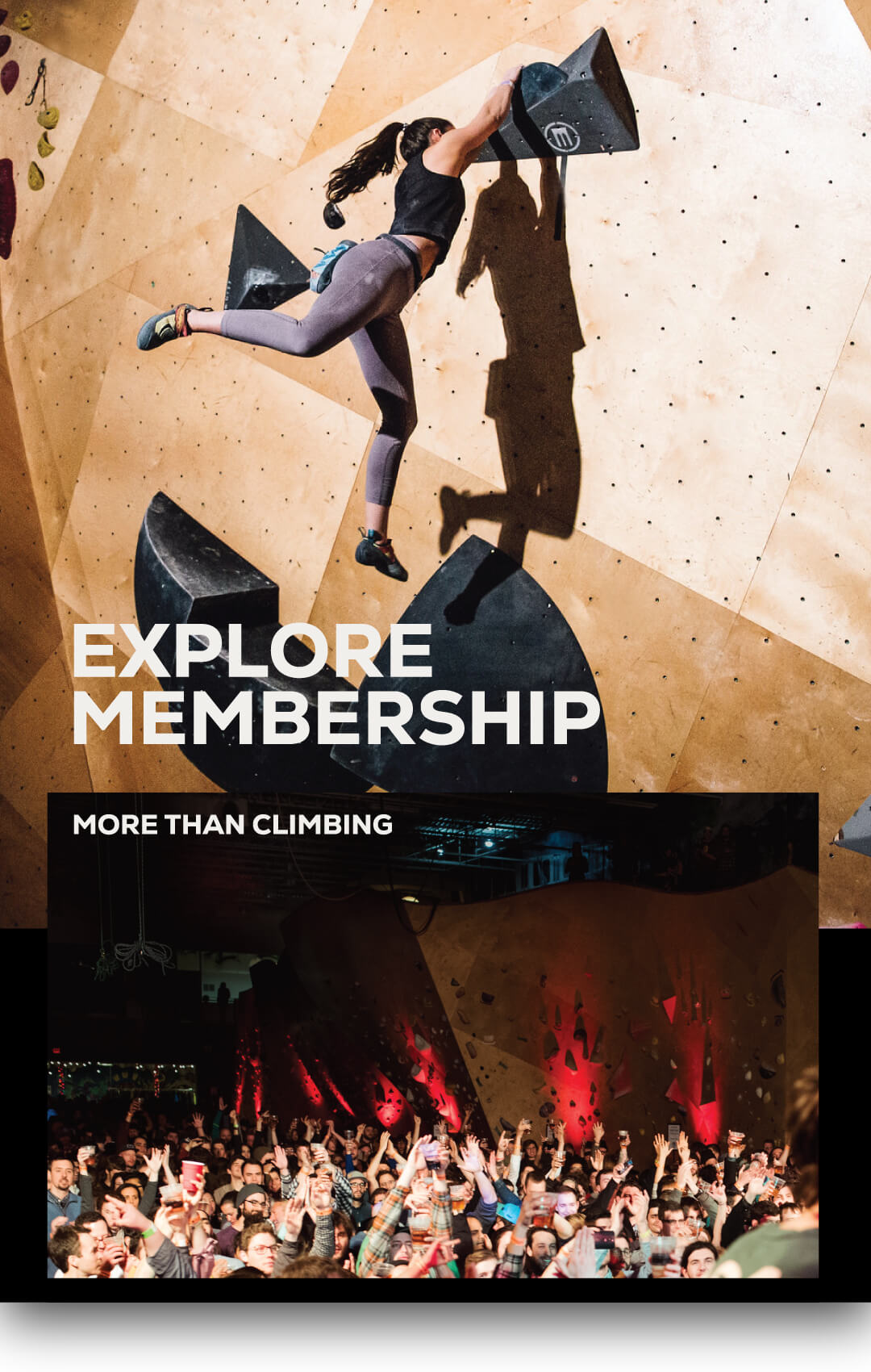 Explore membership - Woman leaping to next rock on indoor rock climbing wall & crowd of people at rock climbing event